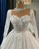 Luxury Bridal Ball Gown Wedding Dress Sweetheart Flowers Lace Glitter Sequins Long Sleeves Bride Dress Vestidos De Novia